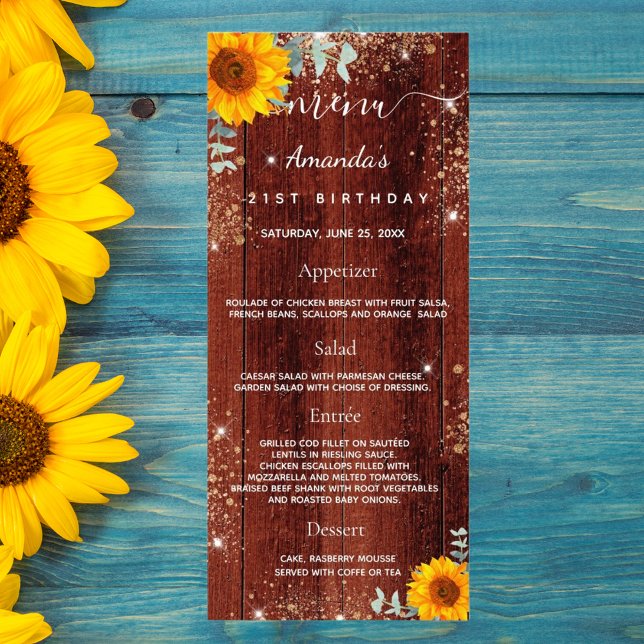 Birthday Menu Sonnenblumen rustikale Holz Glitzer Werbekarte (Von Creator hochgeladen)