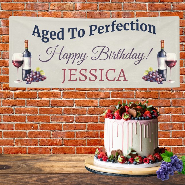 Birthday Modern Simple Elegante Banner (Wine themed ‘Aged to Perfection’ birthday banner with watercolor grapes, wine glass & bottle.)