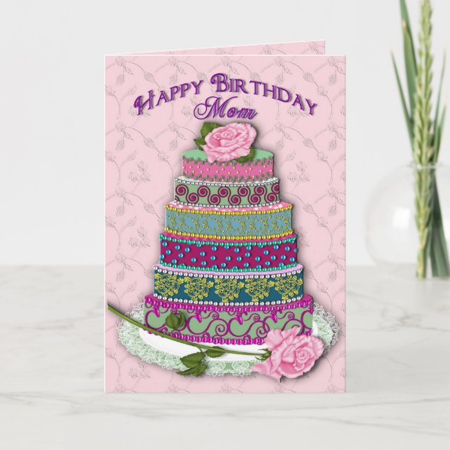 BIRTHDAY - MOM - TIERD BIRTHDAY CAKE ROSES KARTE (Vorderseite)