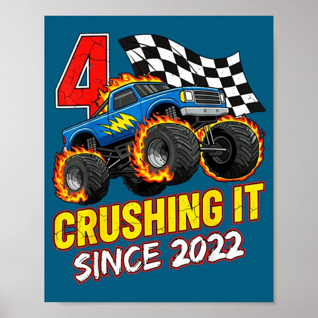 Birthday Monster Truck 4 Year Old Boys 4th Party B Poster (Vorne)