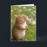 Birthday Mouse Blowing Dandelion Seedlings Karte<br><div class="desc">A small mouse standing on its hind legs,  blowing dandelion seeds into the air against a backdrop of lush green grass,  creating a whimsical ambiance.
All text is editable.</div>