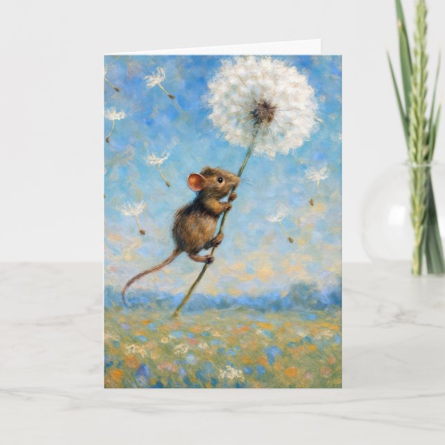 Birthday Mouse Floating on a Fluffy Dandelion Karte (Vorderseite)