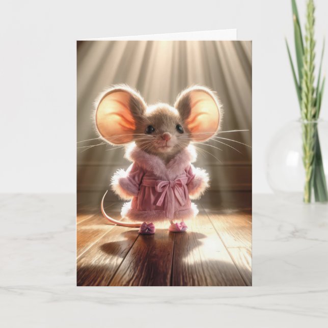 Birthday Mouse in Rosa Robe Karte (Vorderseite)
