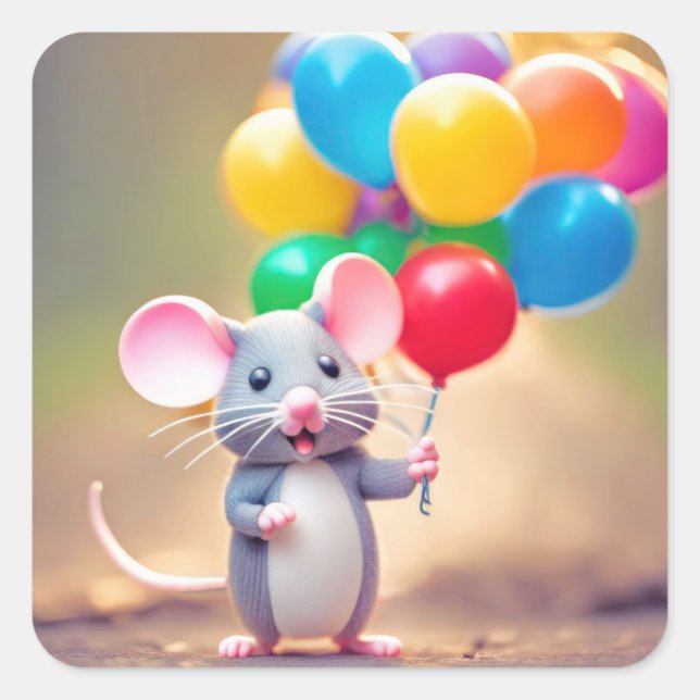 Birthday Mouse mit Balloons Quadratischer Aufkleber (Vorderseite)