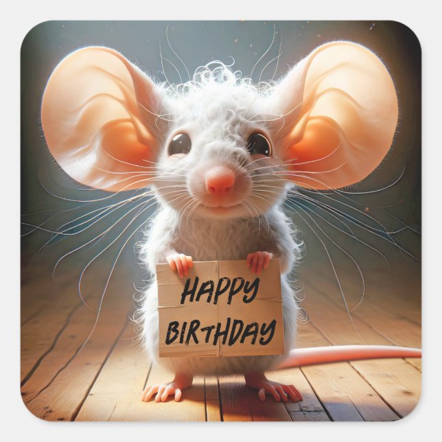 Birthday Mouse mit Pappschild Quadratischer Aufkleber (Vorderseite)