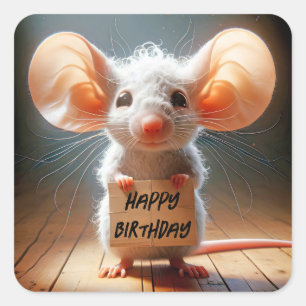 Birthday Mouse mit Pappschild Quadratischer Aufkleber
