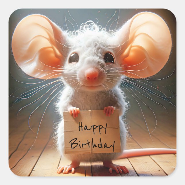 Birthday Mouse mit Pappschild Quadratischer Aufkleber (Vorderseite)