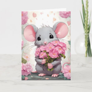 Birthday Mouse mit rosa Blume Karte