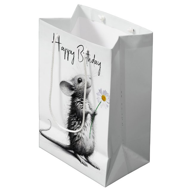Birthday Mouse mit weißer Daisy Mittlere Geschenktüte (Vorderseite Schrägansicht)