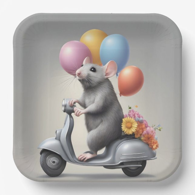 Birthday Mouse On a Scooter Pappteller (Vorderseite)