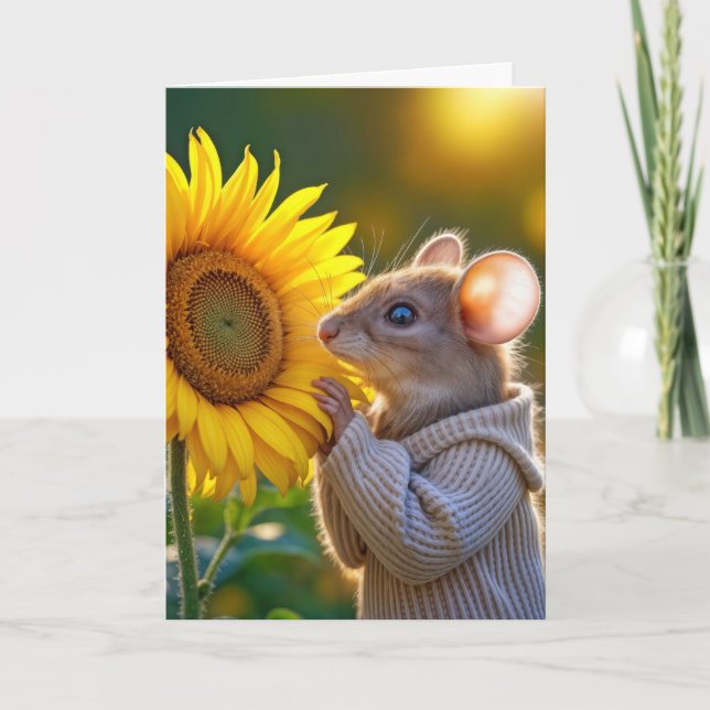 Birthday Mouse Riechen einer Sonnenblume Karte (Vorderseite)