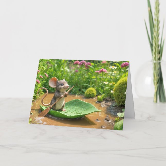 Birthday Mouse Rowing a Green Leaf Boot Karte (Vorderseite)