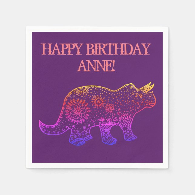 Birthday Napkins Dinosaur Art, Mandala Dinosaurier Serviette (Vorderseite)