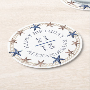Birthday Nauavy Blue White Tan Starfish Runder Pappuntersetzer