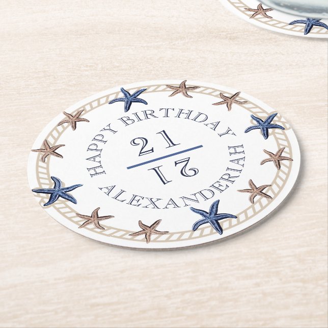 Birthday Nauavy Blue White Tan Starfish Runder Pappuntersetzer (Angewinkelt)