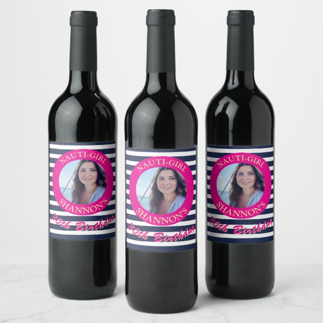 Birthday Nautic Foto Napkins Pink Weinetikett (Flaschen)