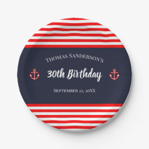 Birthday Nautical Marine Navy Blaue weiße Streife Pappteller