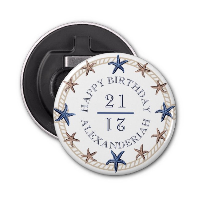 Birthday Nautical Navy Blue White Tan Starfish Ro Flaschenöffner (Vorderseite)