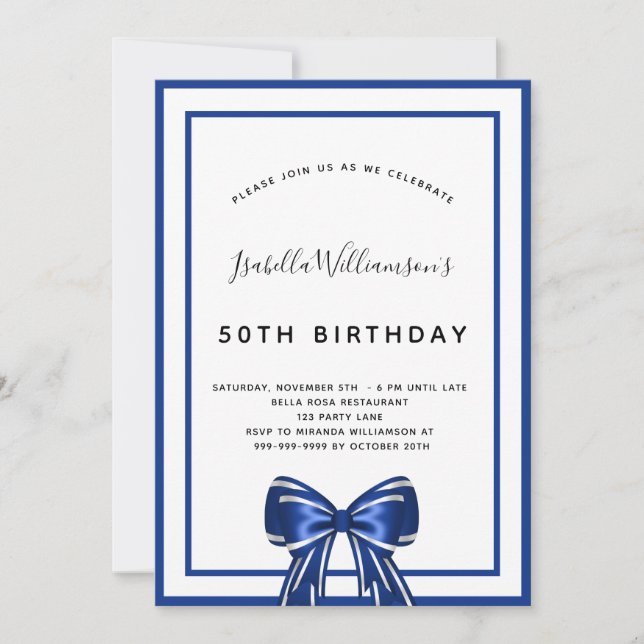 Birthday navin blue white elegante bow script einladung (Vorderseite)