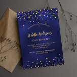 Birthday navy blauen goldenen Herzen elegant Drehb Einladung<br><div class="desc">Marineblau mit goldenen Herzen dekoriert. Die blaue Farbe ist ungleichmäßig. Personalisieren Sie Ihren Namen und Ihre Party-Daten und fügen Sie diese hinzu.</div>