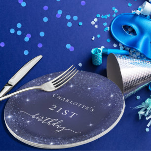 Birthday navy blue glitter dust monogram pappteller