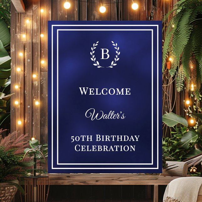Birthday navy blue monogrammed elegant welcome poster (Von Creator hochgeladen)