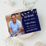 Birthday navy blue silver photo save the date ankündigungspostkarte<br><div class="desc">Add a vertical size photo. A navy blue background color,  decorated with faux silver stars. Personalize and add a name and the details.</div>