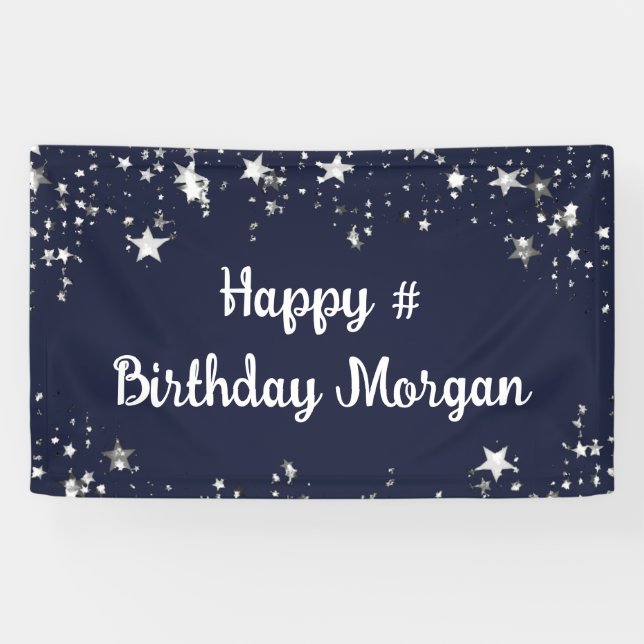 Birthday Navy Blue Stars Script Personalisiert Banner (Horizontal)