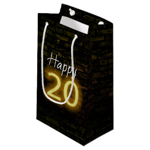 Birthday Neon 20 Schild auf Ziegelstein Kleine Geschenktüte