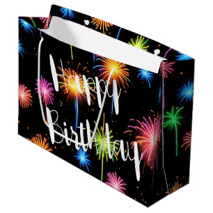 Birthday Neon Feuerwerk auf schwarz Große Geschenktüte
