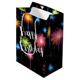 Birthday Neon Feuerwerk auf schwarz Mittlere Geschenktüte