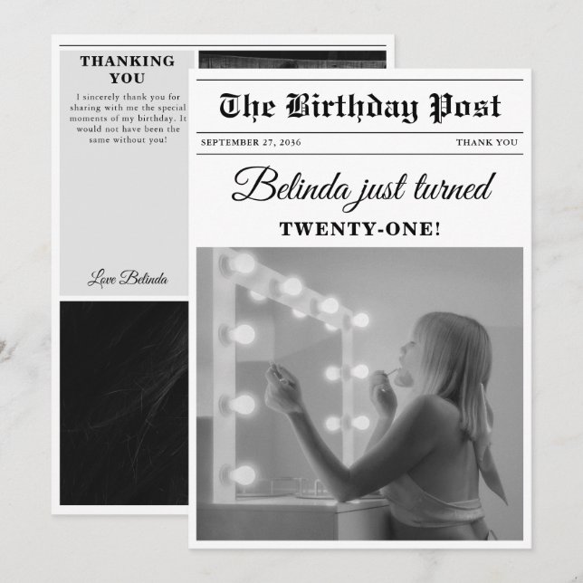 Birthday Newspapier Spaß Schwarz & Weiß Foto Dankeskarte (Vorne/Hinten)