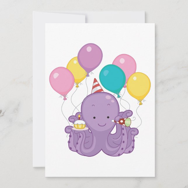 Birthday Octopus mit Balloons und Cupcake Einladung (Vorderseite)