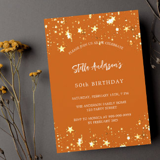 Birthday orange golden stars modern einladungspostkarte