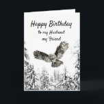 Birthday Owl Bird Watercolor Husband Friend Karte<br><div class="desc">Wasserfarben-Schüssel im Flug auffallend mit einem Winter von frostigen schneebedeckten Bäumen Forest Happy Geburtstag für meine Husband,  mein Freund</div>
