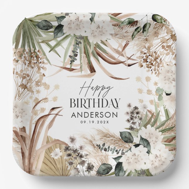 Birthday Pampas eucalyptus modern boho Party Pappteller (Vorderseite)