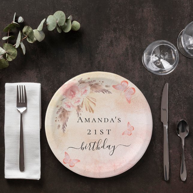 Birthday Pampas Gras Blush Rose Goldschmetterlinge Pappteller (Von Creator hochgeladen)
