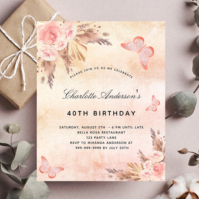 Birthday Pampas Gras Blush Schmetterling Budget Flyer (Von Creator hochgeladen)