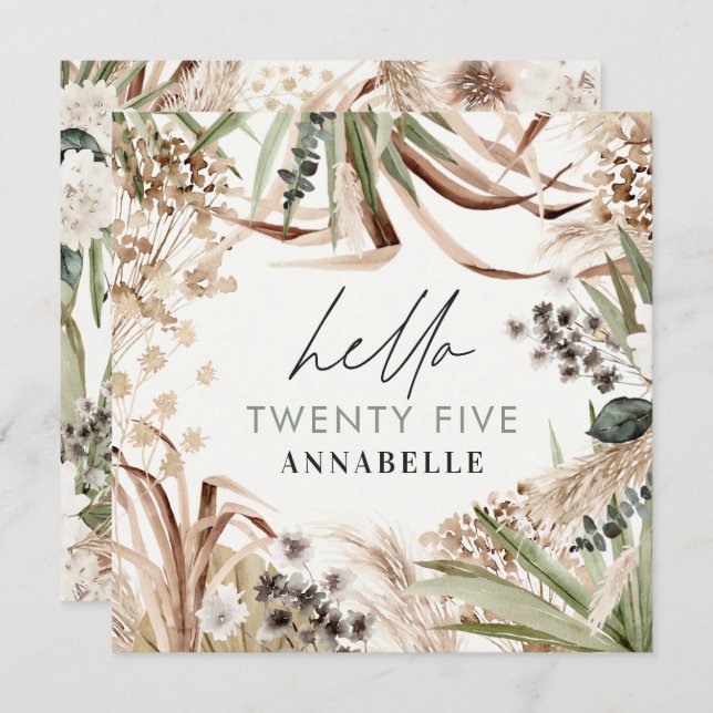 Birthday Pampas Gras Eukalyptus Modernes Wein Einladung (Vorne/Hinten)