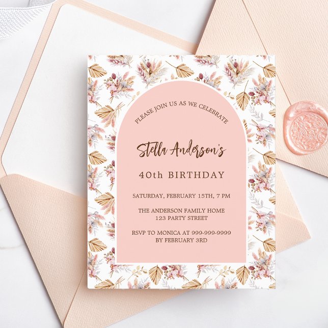 Birthday Pampas Rose Gold Blume Einladung Flyer (Von Creator hochgeladen)
