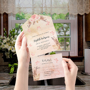 Birthday Pampas Rose Gold Schmetterlinge Blumenges All In One Einladung