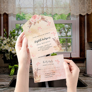 Birthday Pampas Rose Gold Schmetterlinge Blumenges All In One Einladung