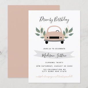 Birthday Parade fahren mit rosa Auto grüne Blattwe Einladung