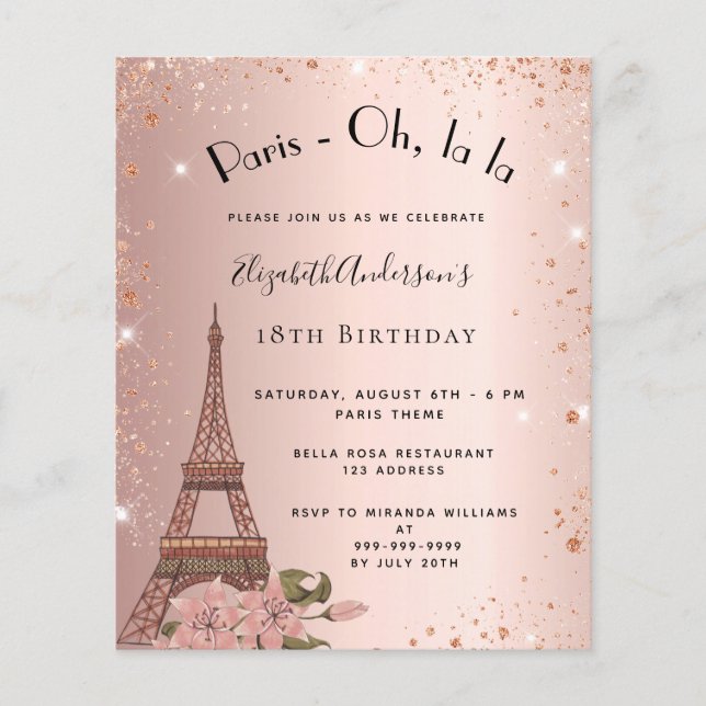Birthday Paris Rose gold Eiffel Einladung zum Budg Flyer (Vorne)