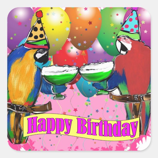 BIRTHDAY PARROTS QUADRATISCHER AUFKLEBER (Vorderseite)