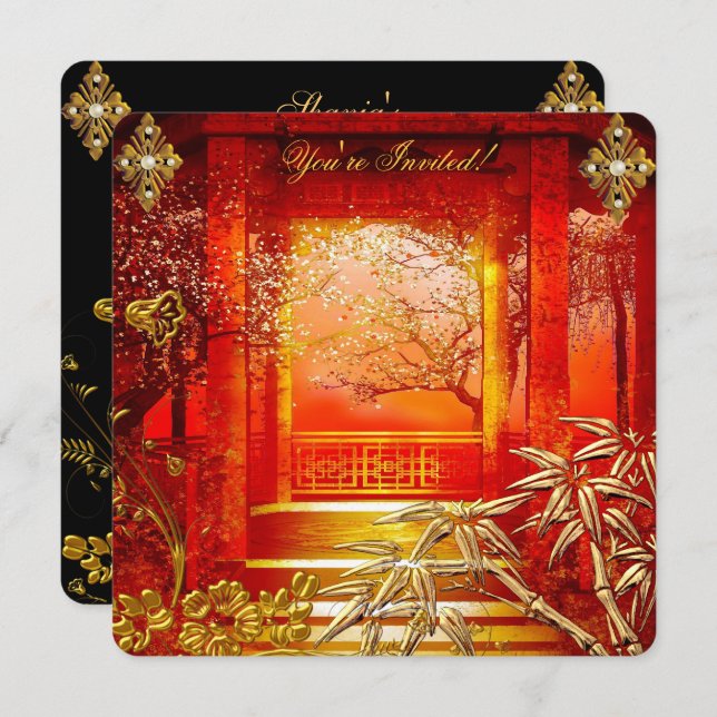 Birthday Party Asian View Gold Bamboo Red Einladung (Vorne/Hinten)