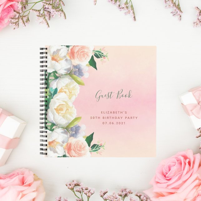 Birthday Party Aufstieg Gold floralen weißen Gäste Notizbuch (Von Creator hochgeladen)