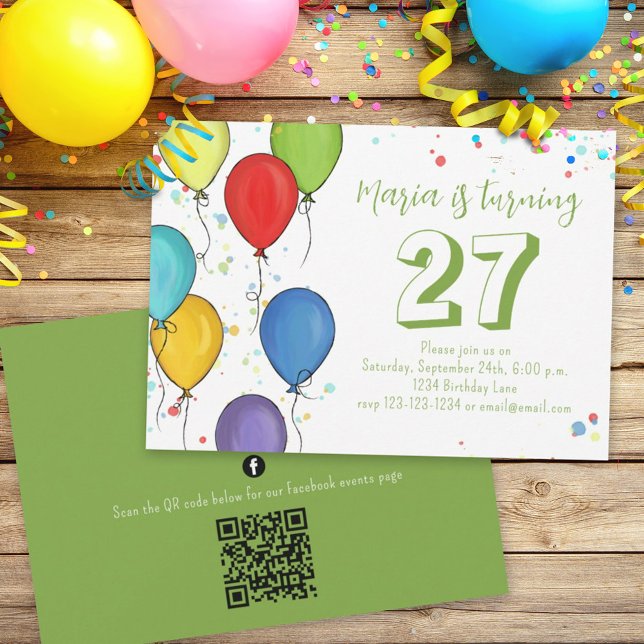 Birthday Party Ballons Confetti QR Code Facebook Einladung (Von Creator hochgeladen)