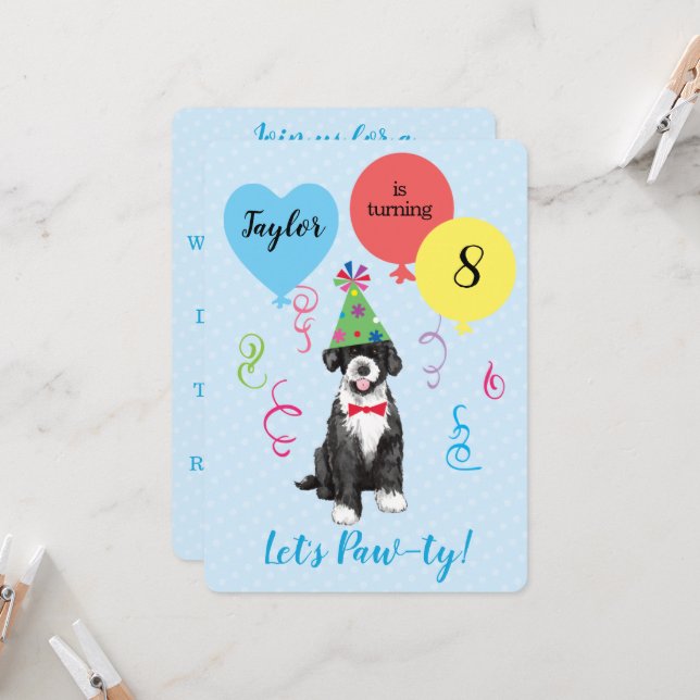 Birthday Party Ballons Portugiesischer Wasserhund Einladung (Vorderseite/Rückseite Beispiel)