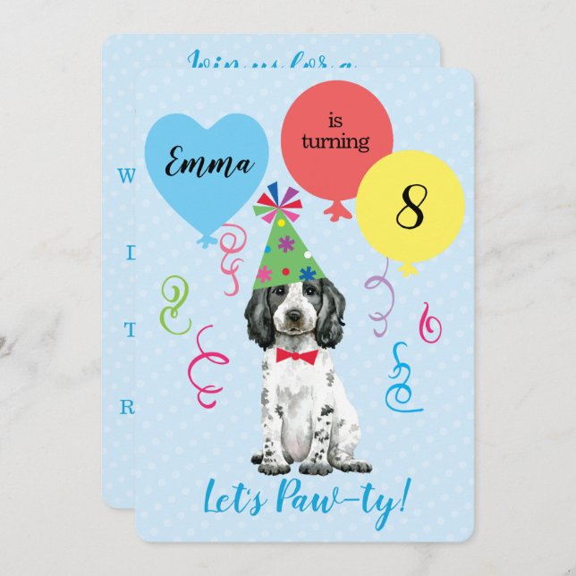 Birthday Party Balloons English Cocker Spaniel Einladung (Vorne/Hinten)